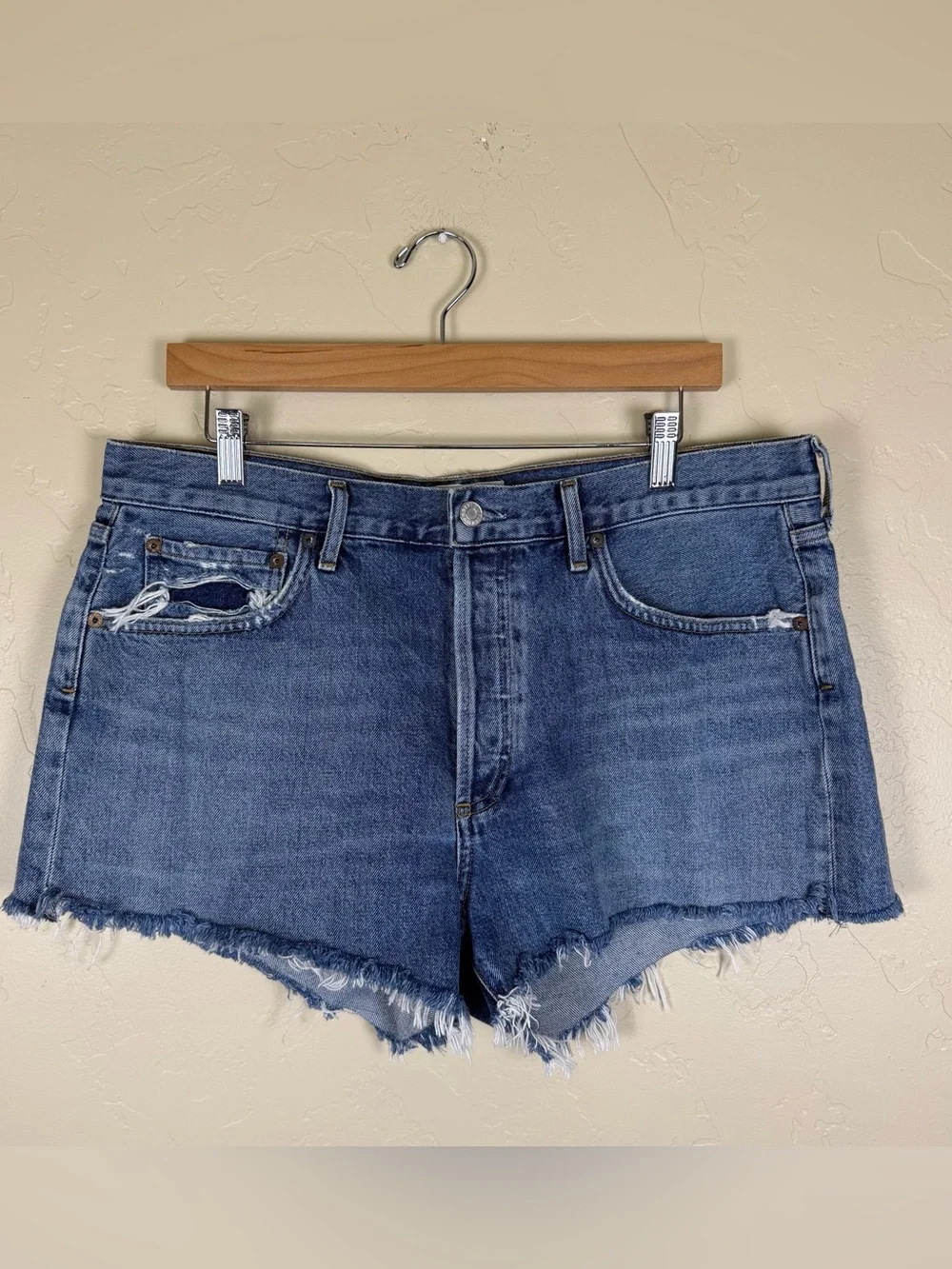 AGOLDE Parker Distressed Organic Cotton Denim Cutoff Shorts Blue Size 31